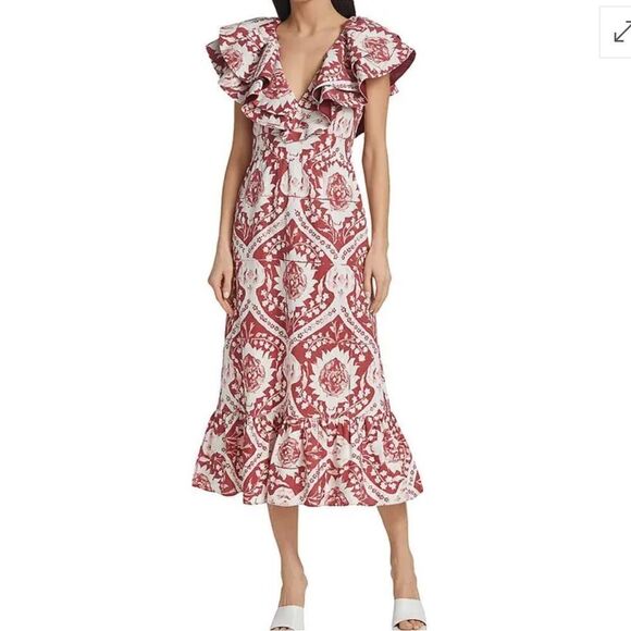 NWT Amur Zemirah Cotton Ruffle-Sleeve Dress Red Ochre Large Italian Motif Sz 10 - Picture 1 of 16